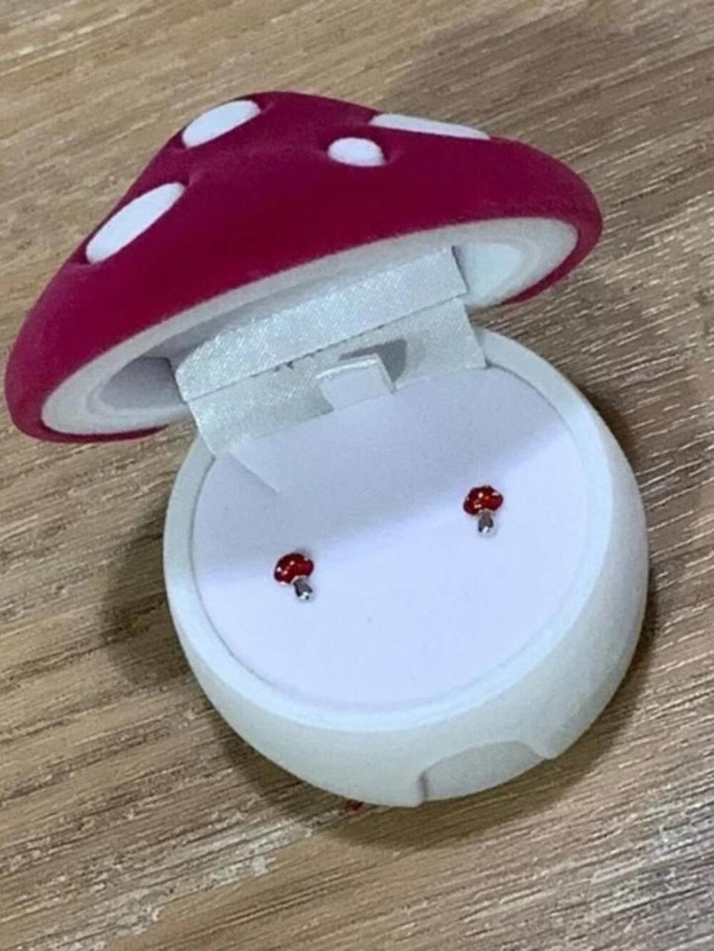 Dainty petite tiny red & silver mushroom earrings